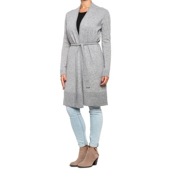 Tahari Sweaters - Tahari 100% Cashmere Drape Neck Striped Open Front Sweater or Rob, Gray, M